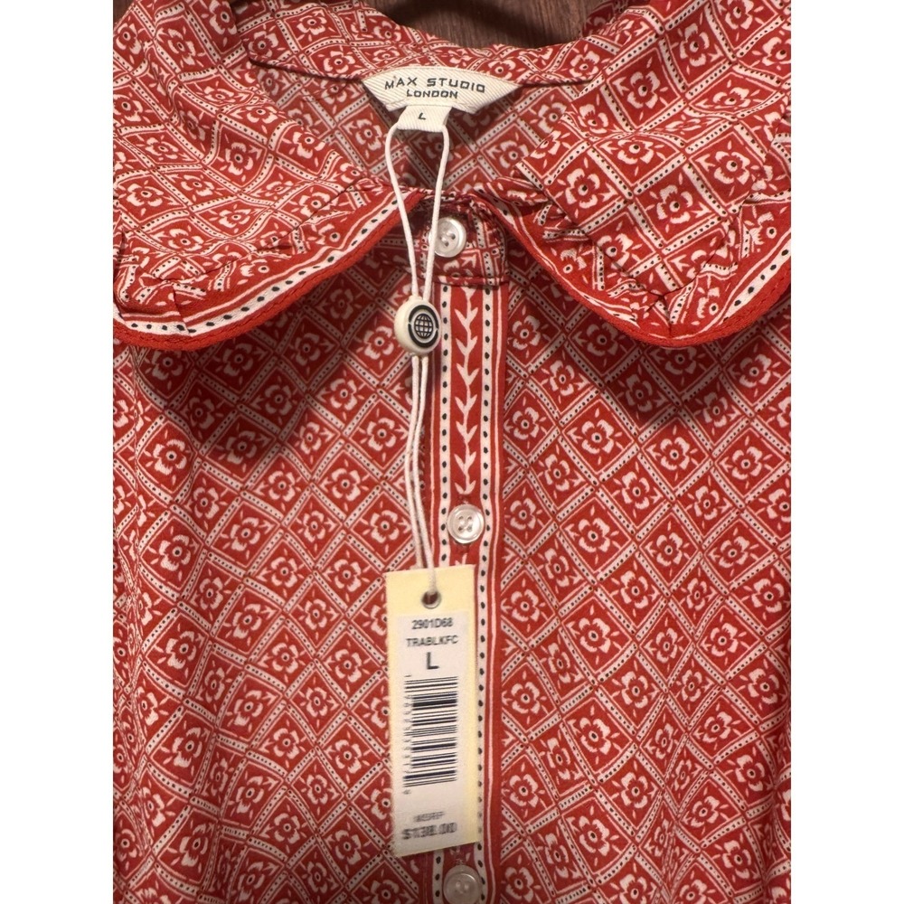 Max Studio Red Geometric Floral Midi Dress Short Puff‎ Sleeve Peter Pan Collar - Picture 9 of 9